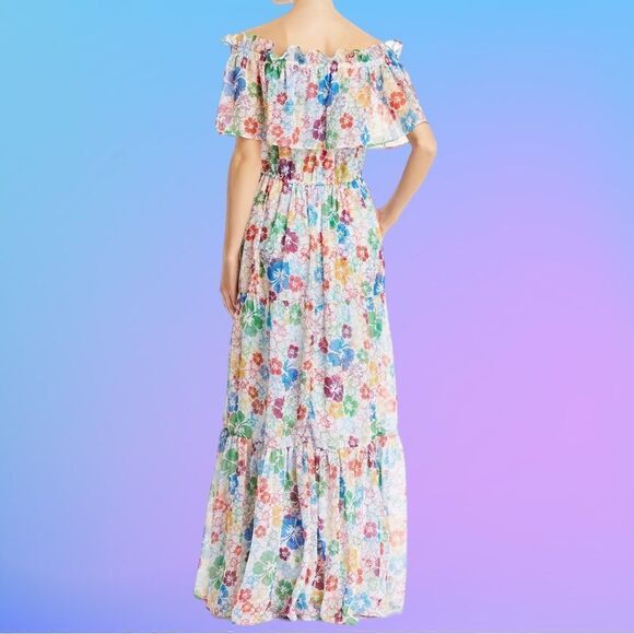 ALL THINGS MOCHI Kona Floral Bardot Chiffon Maxi Dress M - Picture 9 of 16